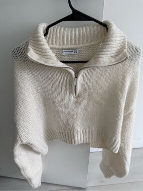 Stradivarius Cream Zip Funnel-Neck Sweater